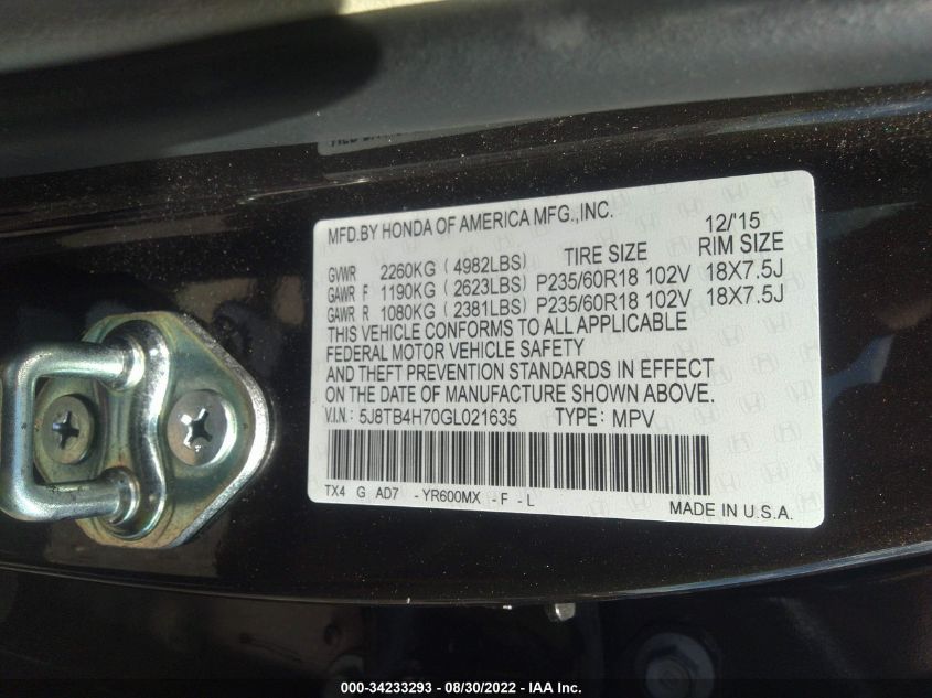 2016 ACURA RDX ADVANCE PKG 5J8TB4H70GL021635