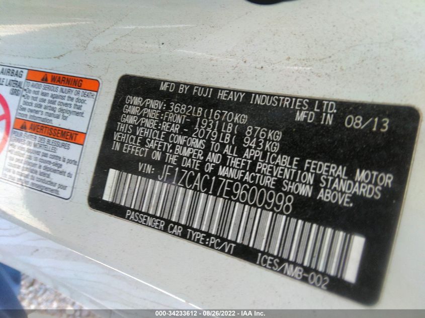 2014 SUBARU BRZ LIMITED JF1ZCAC17E9600998