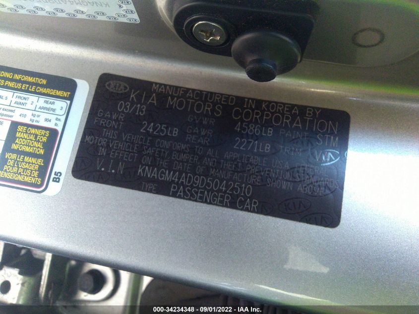 2013 KIA OPTIMA HYBRID EX KNAGM4AD9D5042510