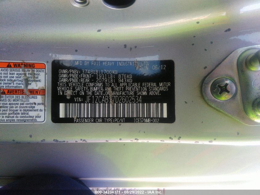 2013 SUBARU BRZ PREMIUM JF1ZCAB17D2602534