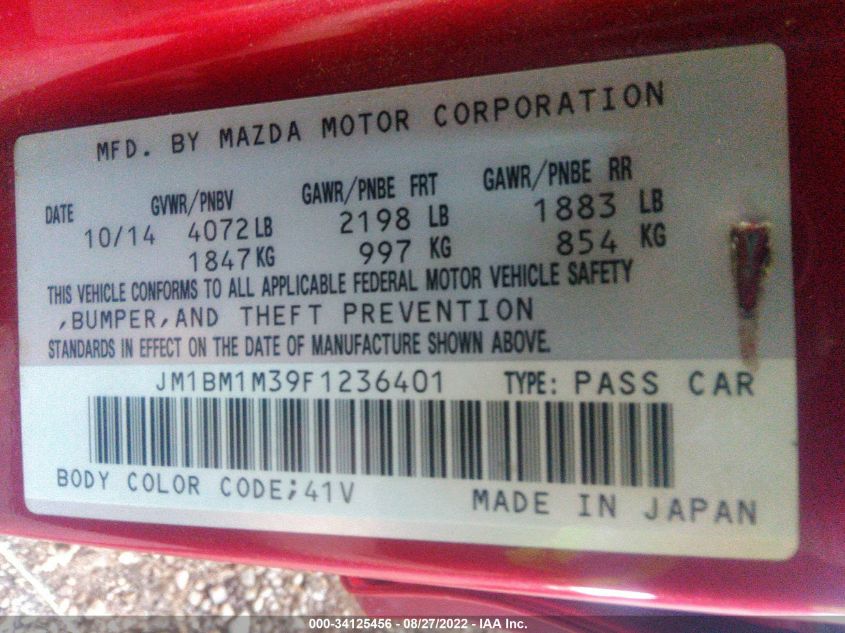 2015 MAZDA 3 GRAND TOURING JM1BM1M39F1236401
