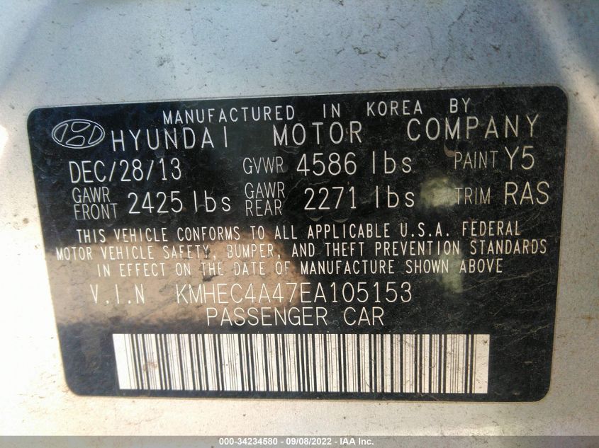 2014 HYUNDAI SONATA HYBRID LIMITED KMHEC4A47EA105153