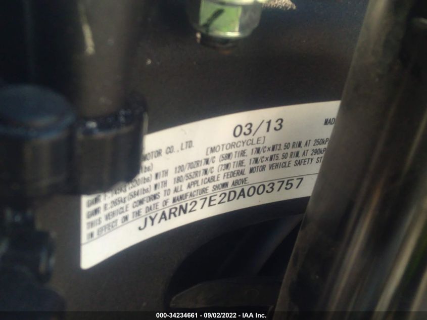 2013 YAMAHA FZ8 N JYARN27E2DA003757