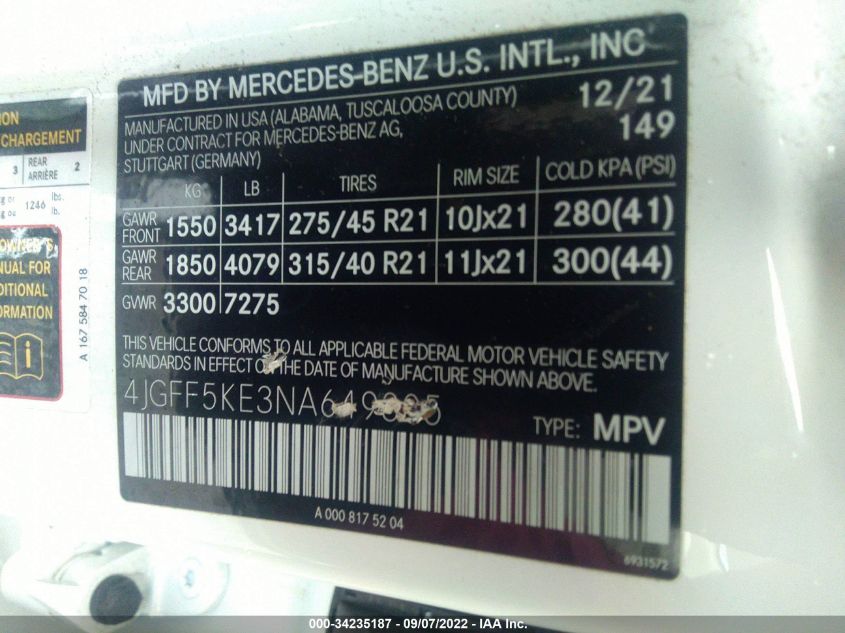 4JGFF5KE3NA649805 Mercedes-Benz GLS GLS 450 9