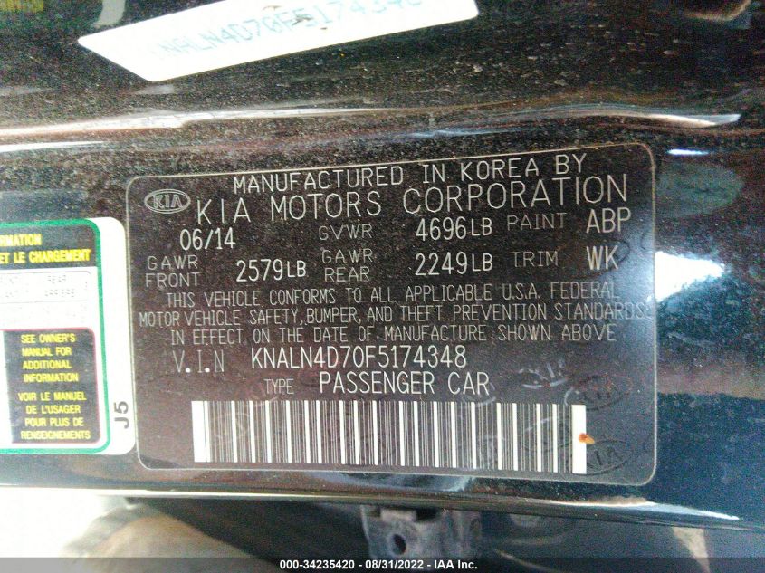 2015 KIA CADENZA PREMIUM KNALN4D70F5174348