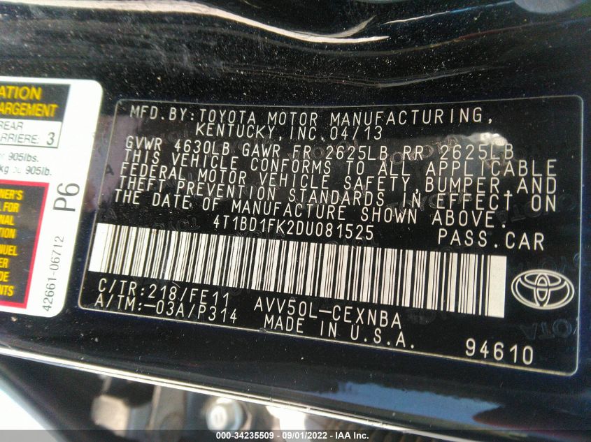 2013 TOYOTA CAMRY HYBRID LE/XLE 4T1BD1FK2DU081525