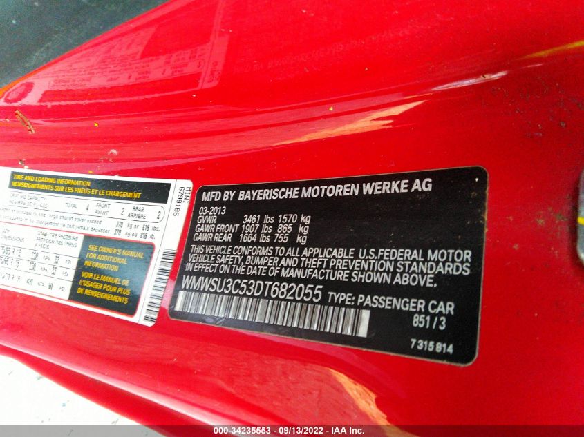 2013 MINI COOPER HARDTOP WMWSU3C53DT682055