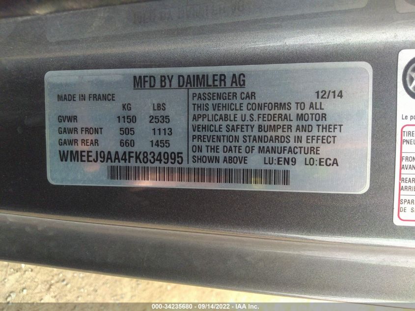 2015 SMART FORTWO ELECTRIC DRIVE PASSION WMEEJ9AA4FK834995
