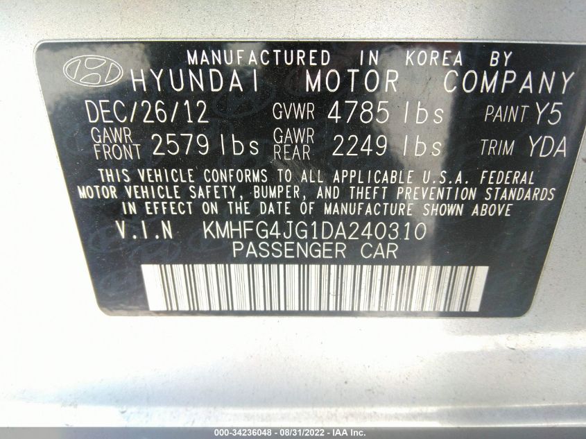 2013 HYUNDAI AZERA KMHFG4JG1DA240310