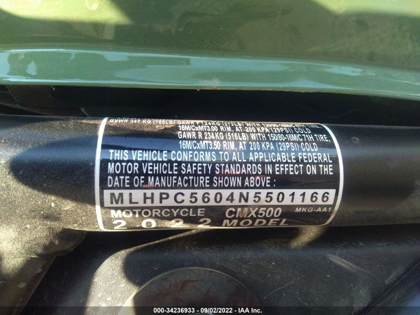 2022 HONDA CMX500 MLHPC5604N5501166