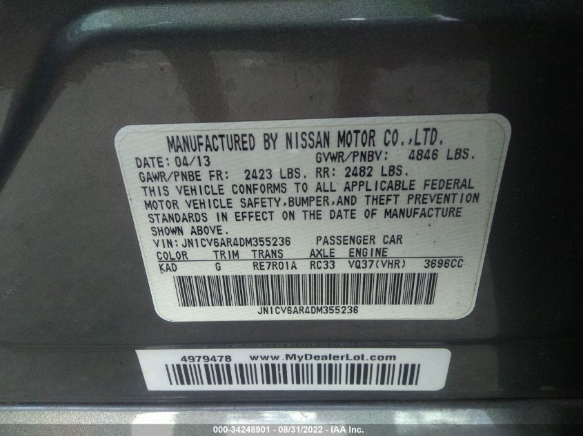 2013 INFINITI G37 SEDAN X JN1CV6AR4DM355236