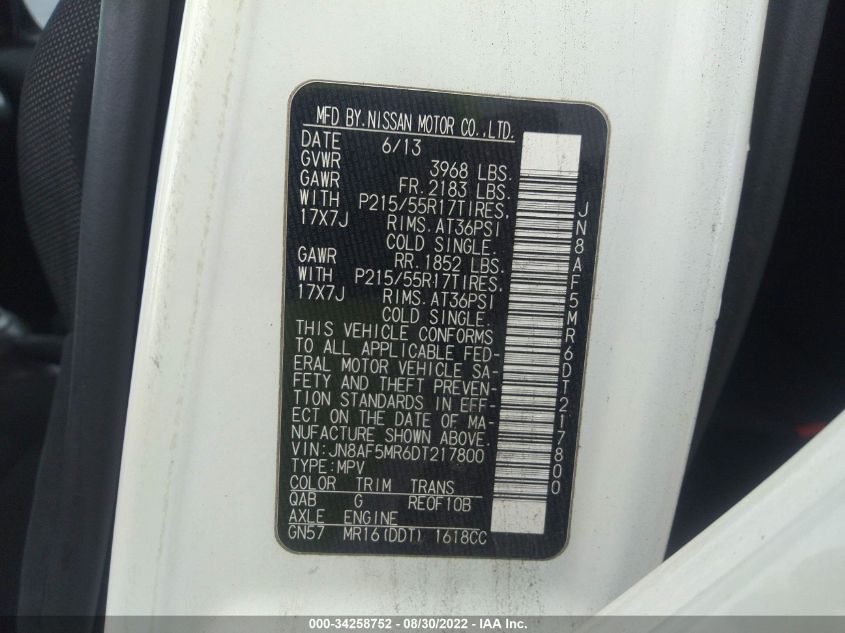 2013 NISSAN JUKE SV JN8AF5MR6DT217800