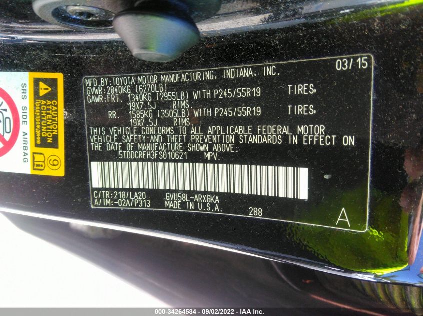 2015 TOYOTA HIGHLANDER HYBRID LIMITED 5TDDCRFH3FS010621