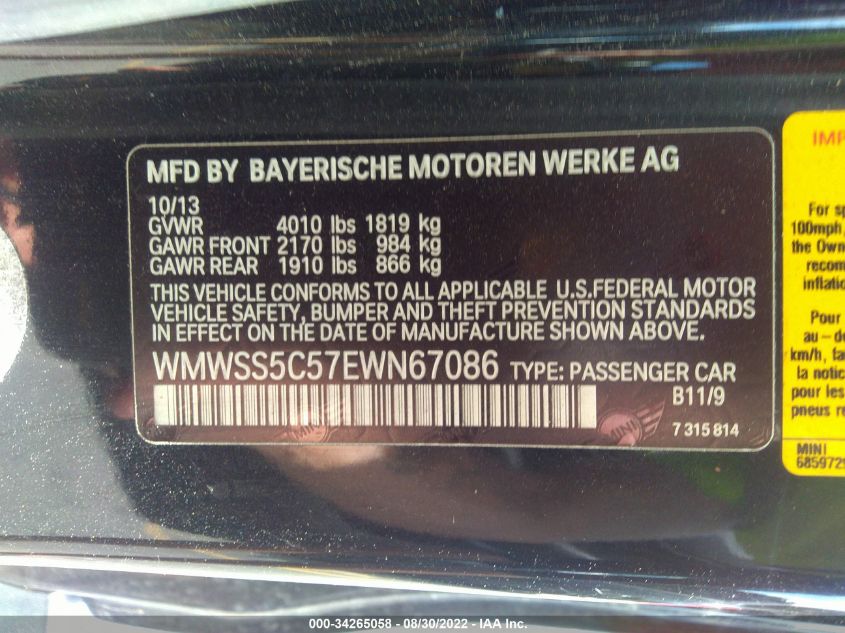 2014 MINI COOPER PACEMAN S WMWSS5C57EWN67086