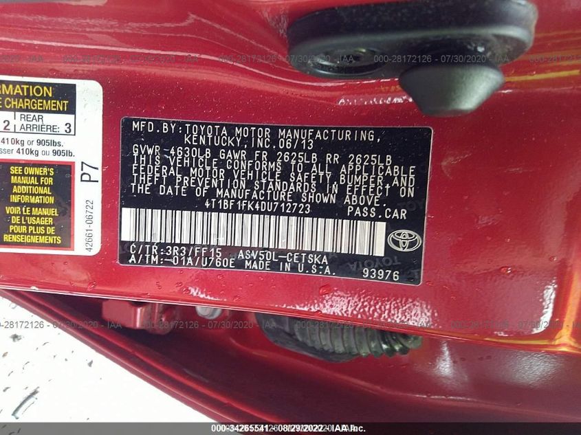 2013 TOYOTA CAMRY L/LE/SE/XLE 4T1BF1FK4DU712723