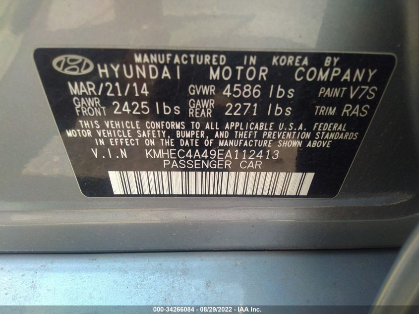 2014 HYUNDAI SONATA HYBRID LIMITED KMHEC4A49EA112413