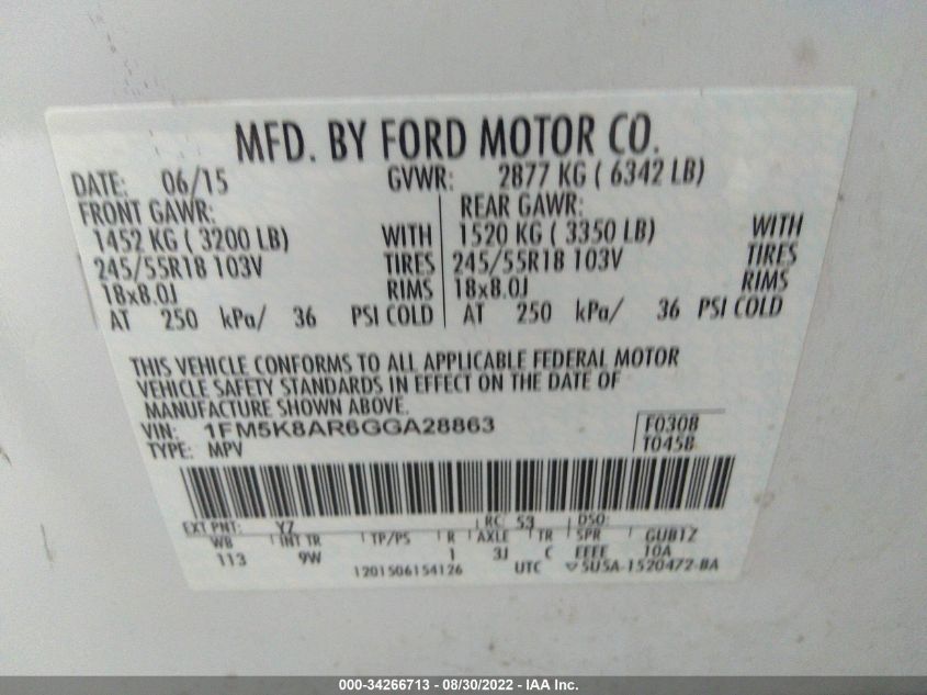 2016 FORD UTILITY POLICE 1FM5K8AR6GGA28863