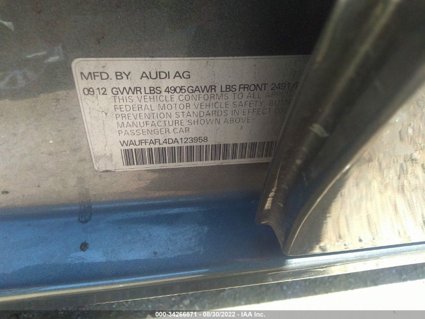 2013 AUDI A4 PREMIUM PLUS WAUFFAFL4DA123958