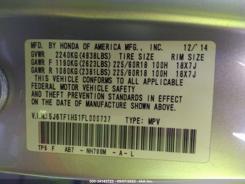 2015 HONDA CROSSTOUR EX-L 5J6TF1H51FL000737