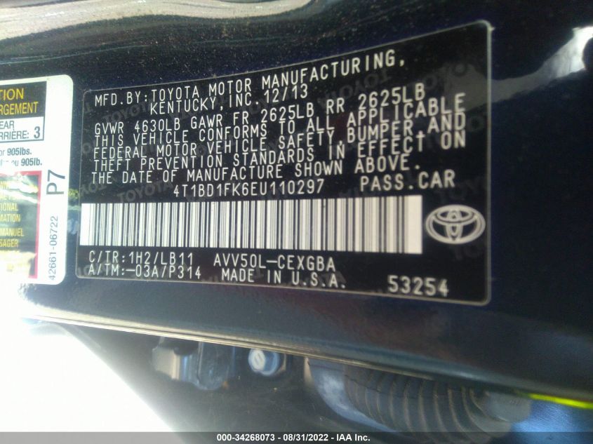 2014 TOYOTA CAMRY HYBRID LE/XLE/SE LIMITED EDITION 4T1BD1FK6EU110297