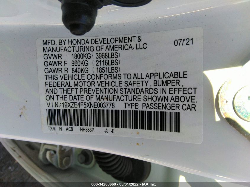 2022 HONDA INSIGHT EX 19XZE4F5XNE003778