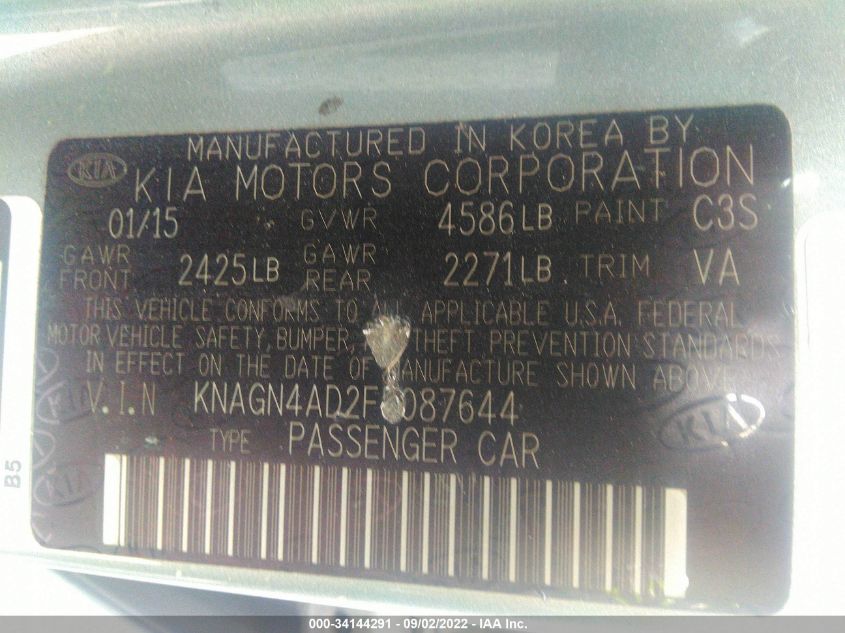 2015 KIA OPTIMA HYBRID EX KNAGN4AD2F5087644