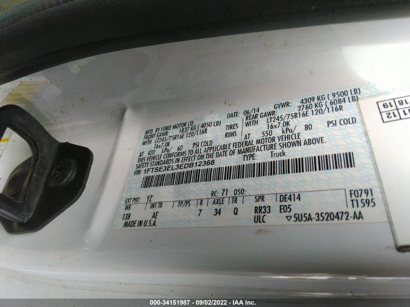 2014 FORD ECONOLINE CARGO VAN COMMERCIAL/RECREATIONAL 1FTSE3EL3EDB12368