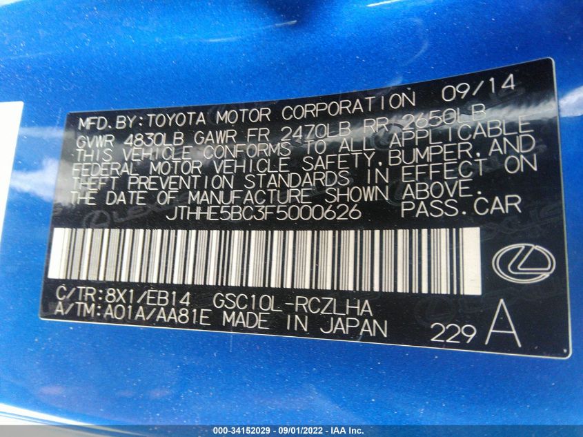 2015 LEXUS RC 350 JTHHE5BC3F5000626