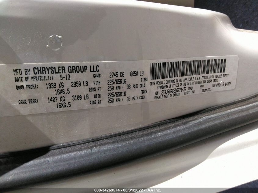 2013 RAM CARGO VAN TRADESMAN 2C4JRGAG6DR771427