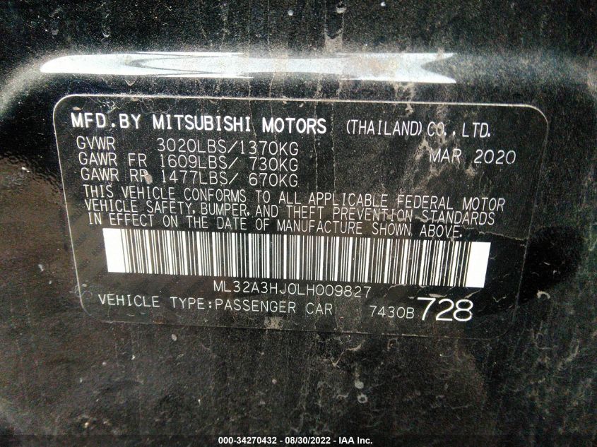 2020 MITSUBISHI MIRAGE ES/SE ML32A3HJ0LH009827