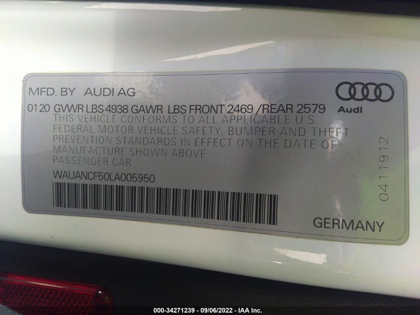 2020 AUDI A5 SPORTBACK PREMIUM WAUANCF50LA005950