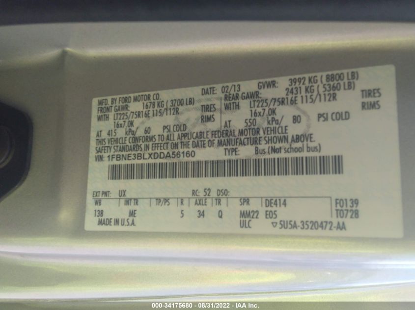 2013 FORD ECONOLINE WAGON XL/XLT 1FBNE3BLXDDA56160