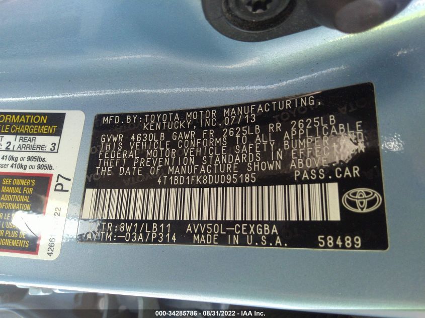 2013 TOYOTA CAMRY HYBRID LE 4T1BD1FK8DU095185