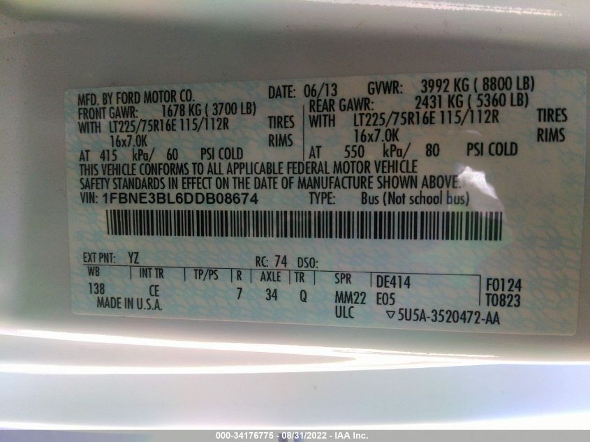 2013 FORD ECONOLINE WAGON XL/XLT 1FBNE3BL6DDB08674