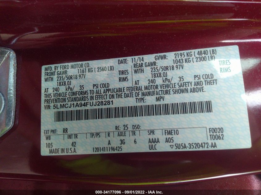 2015 LINCOLN MKC 5LMCJ1A94FUJ28281