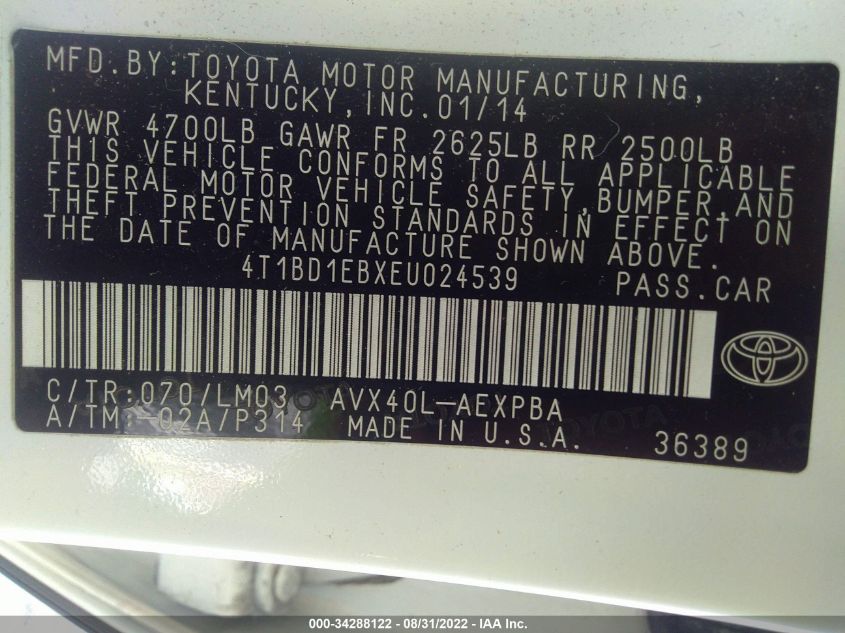 2014 TOYOTA AVALON HYBRID LIMITED 4T1BD1EBXEU024539