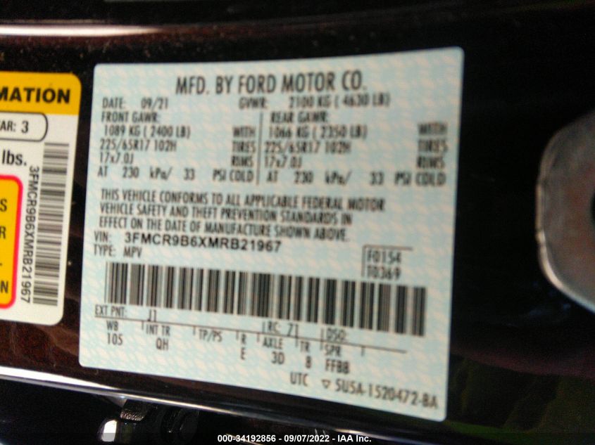 2021 FORD BRONCO SPORT BIG BEND 3FMCR9B6XMRB21967