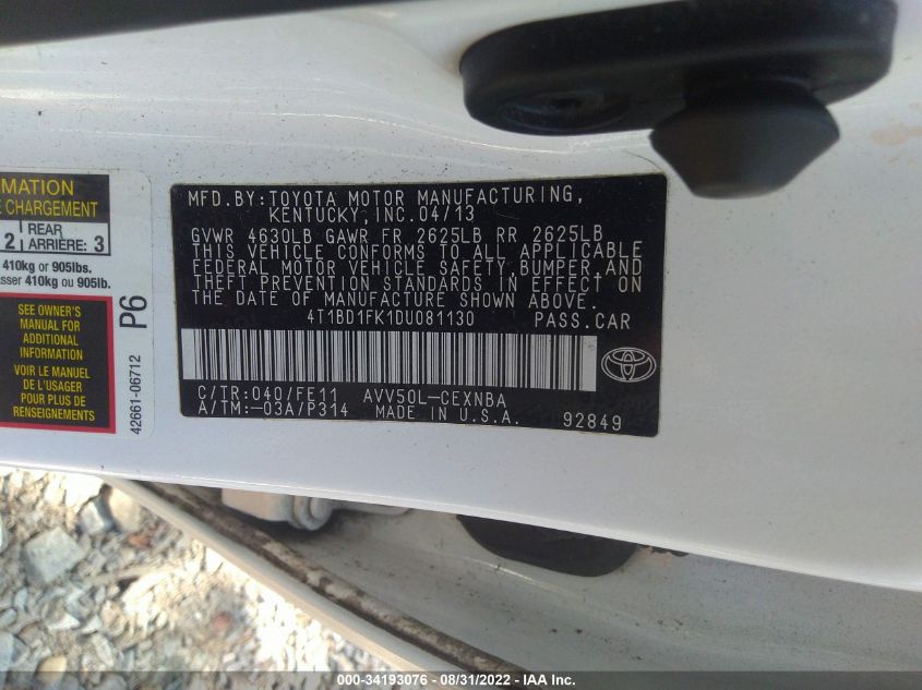2013 TOYOTA CAMRY HYBRID LE 4T1BD1FK1DU081130