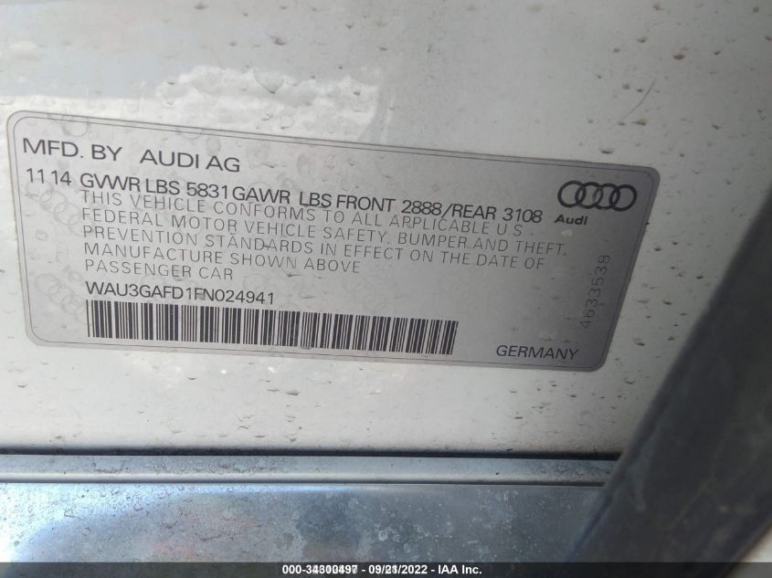 2015 AUDI A8 L 3.0T WAU3GAFD1FN024941