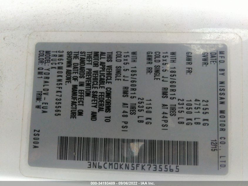 2015 NISSAN NV200 S 3N6CM0KN5FK735565