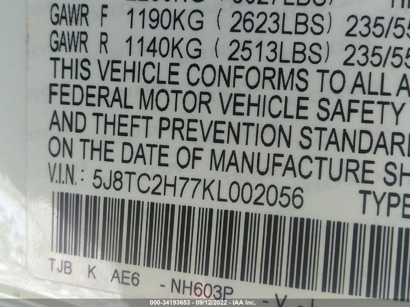2019 ACURA RDX W/ADVANCE PKG 5J8TC2H77KL002056