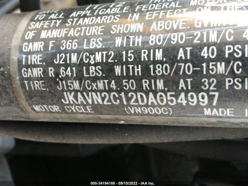 2013 KAWASAKI VN900 C JKAVN2C12DA054997