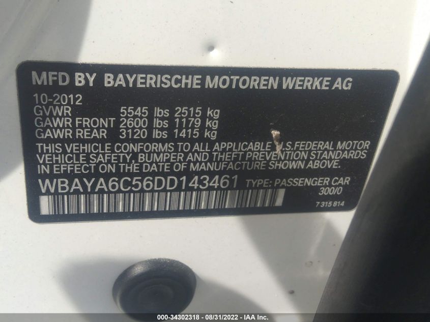 2013 BMW 7 SERIES 740I WBAYA6C56DD143461