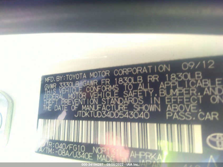 2013 TOYOTA YARIS LE JTDKTUD34DD543040