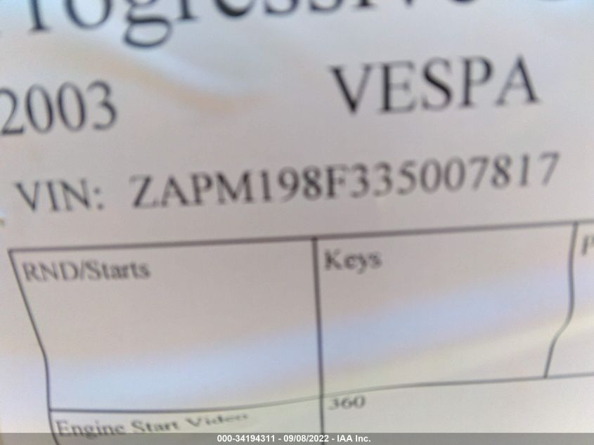 2003 VESPA M198F ZAPM198F335007817