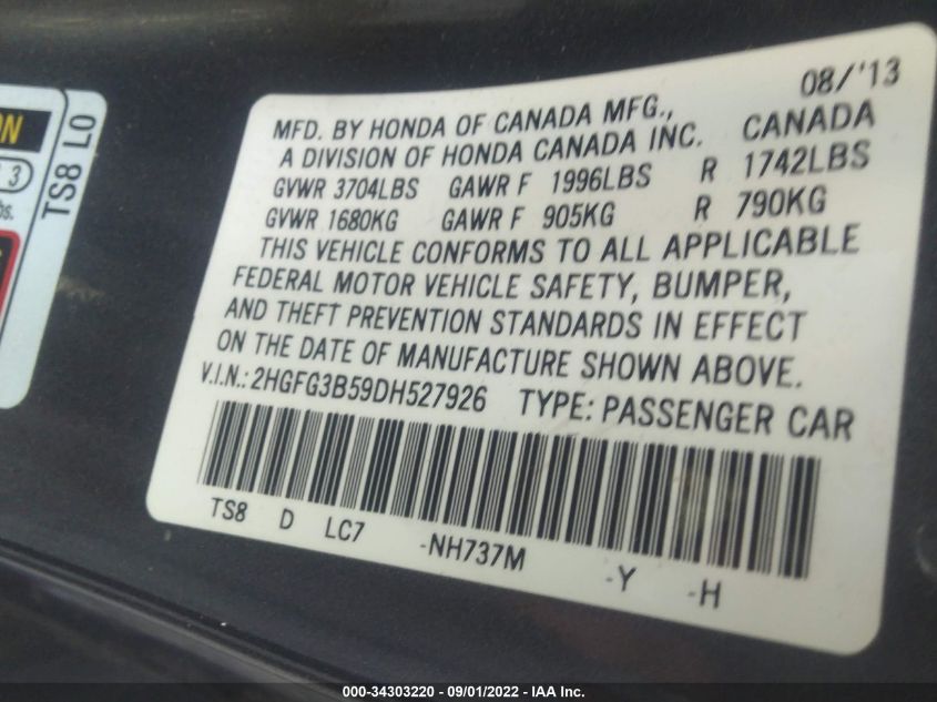 2013 HONDA CIVIC CPE LX 2HGFG3B59DH527926