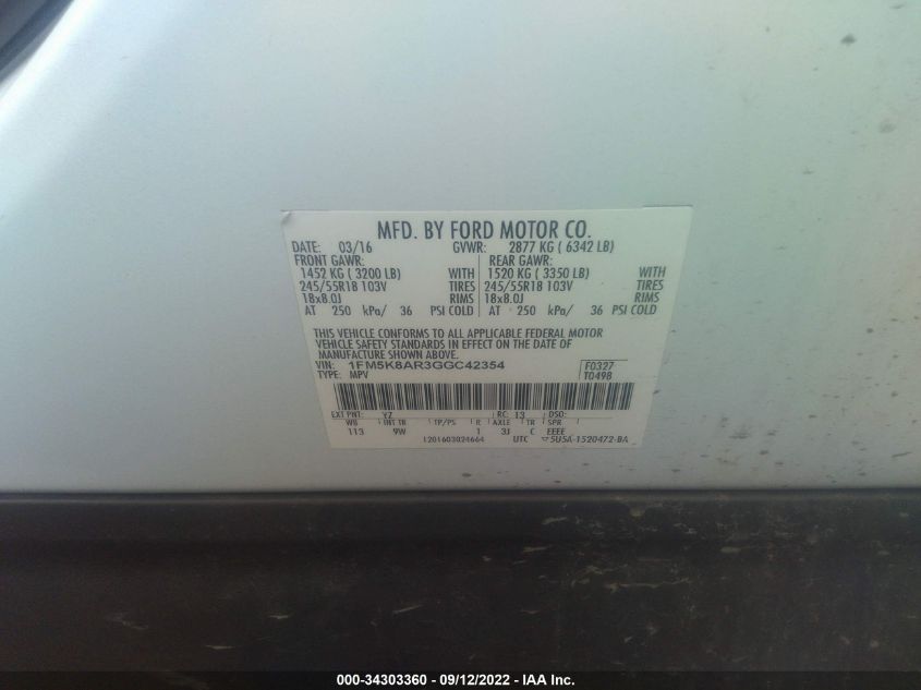 2016 FORD UTILITY POLICE 1FM5K8AR3GGC42354