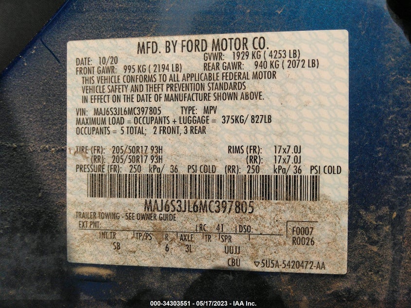 VIN MAJ6S3JL6MC397805 2021 FORD ECOSPORT SES