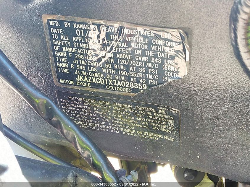 2007 KAWASAKI ZX1000 D JKAZXCD1X7A028359