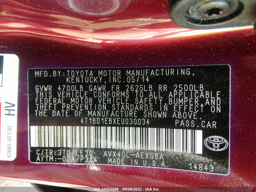 2014 TOYOTA AVALON HYBRID XLE TOURING 4T1BD1EBXEU030034